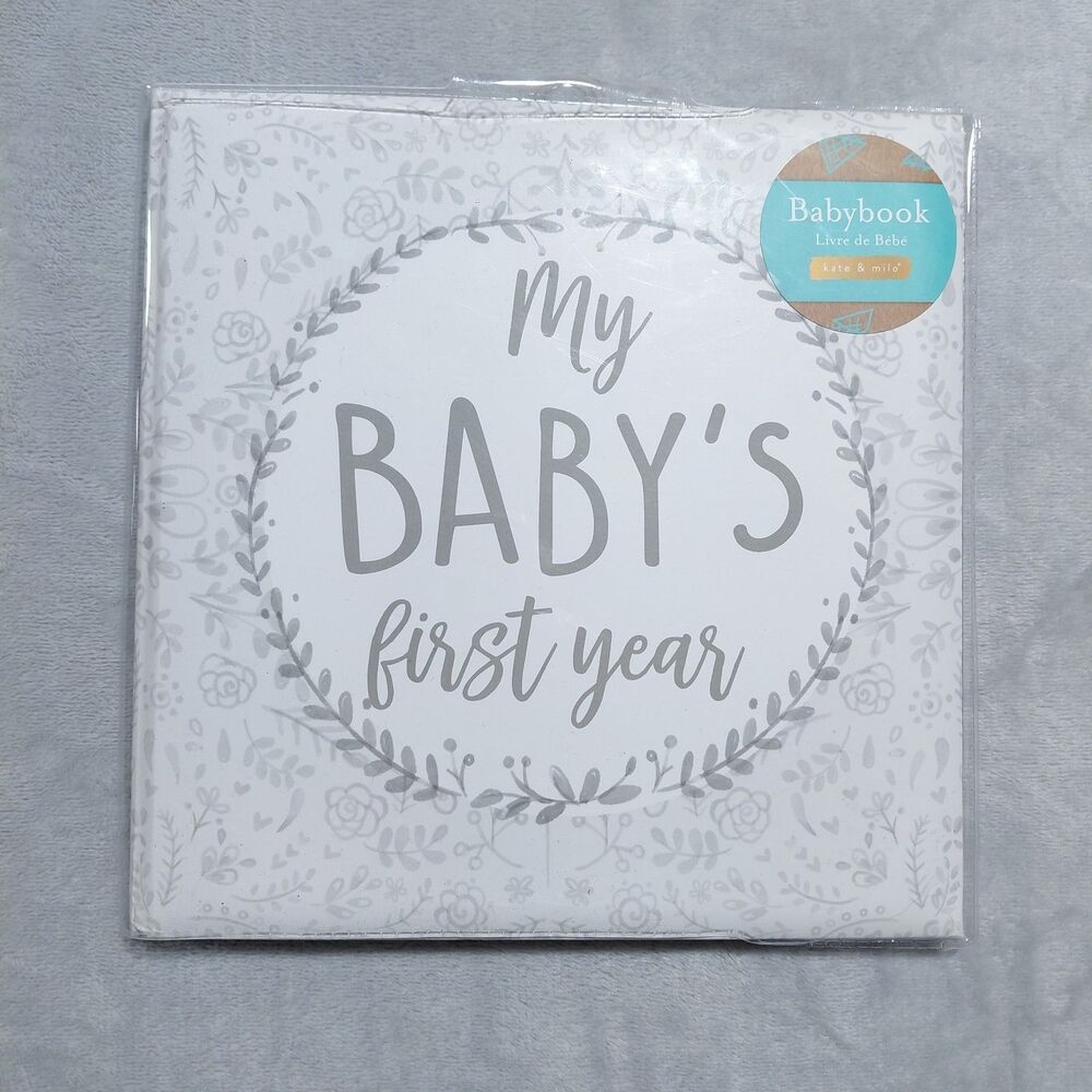 NOS Kate & Milo My Babys First Year Memory Journal Scrapbook Grey Floral Neutral
